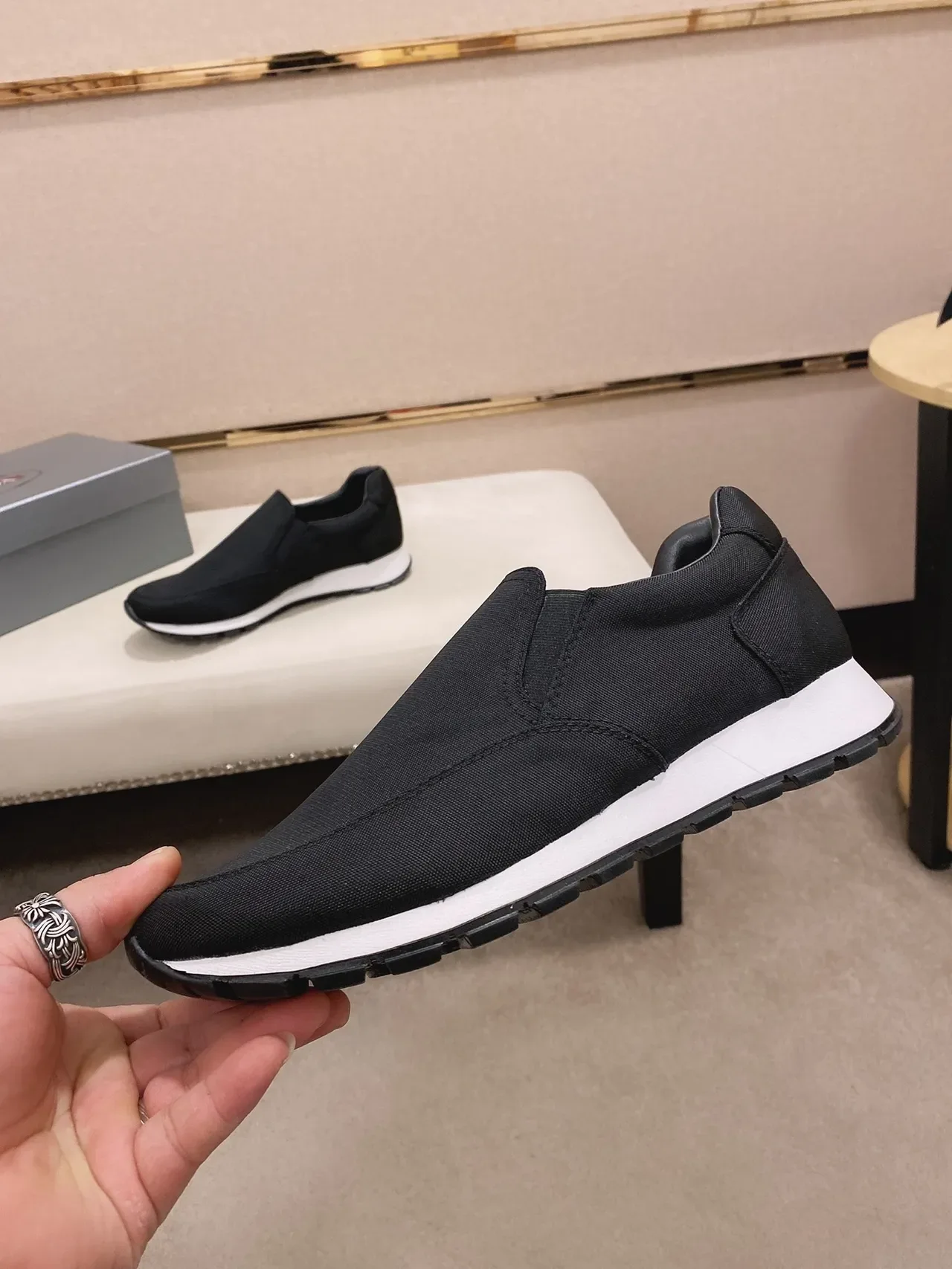 Black and White Slip-On Textile Sneaker 8