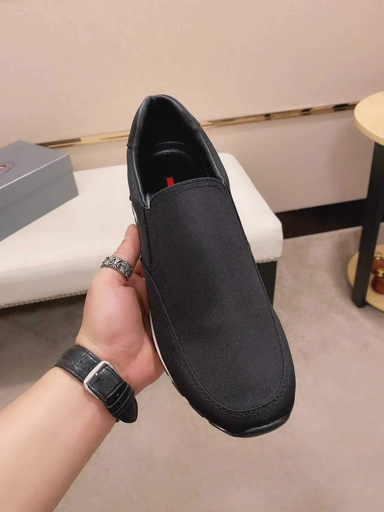 Black and White Slip-On Textile Sneaker 9