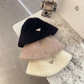 Black Beige Plush Faux Shearling Triangular Metal Plaque Beret