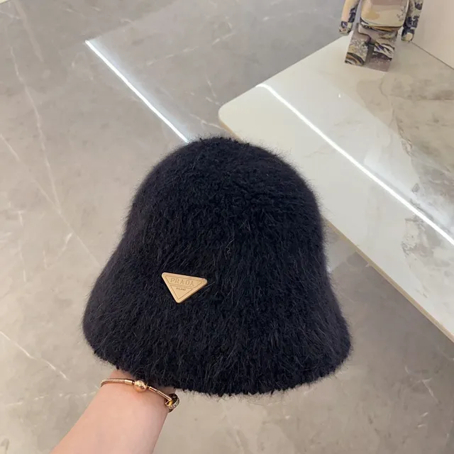 Black Beige Plush Faux Shearling Triangular Metal Plaque Beret 2