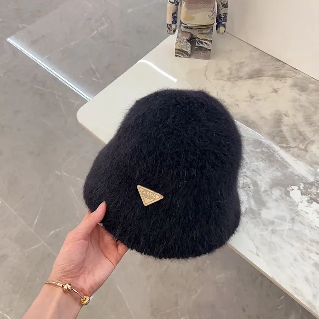 Black Beige Plush Faux Shearling Triangular Metal Plaque Beret 3