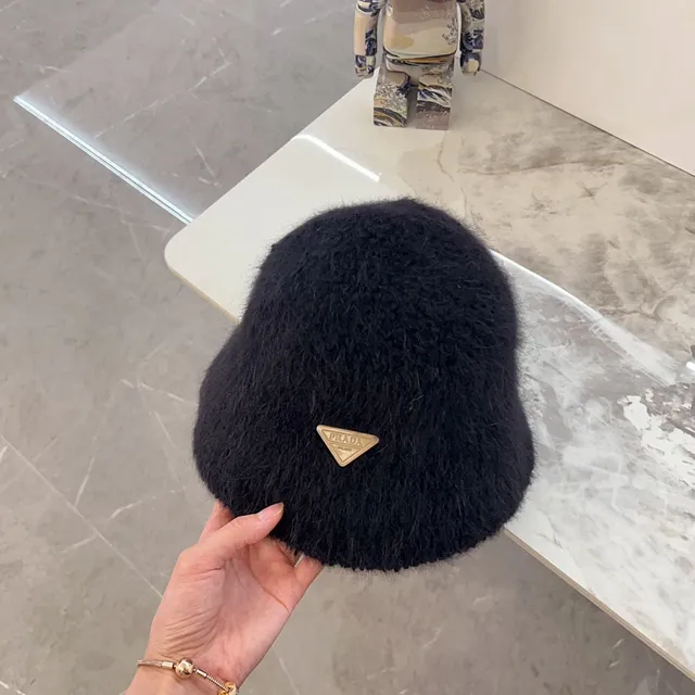 Black Beige Plush Faux Shearling Triangular Metal Plaque Beret 9