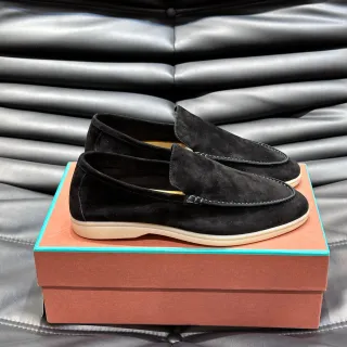 黑色米色麂皮 Moc-Toe 缝线乐福鞋