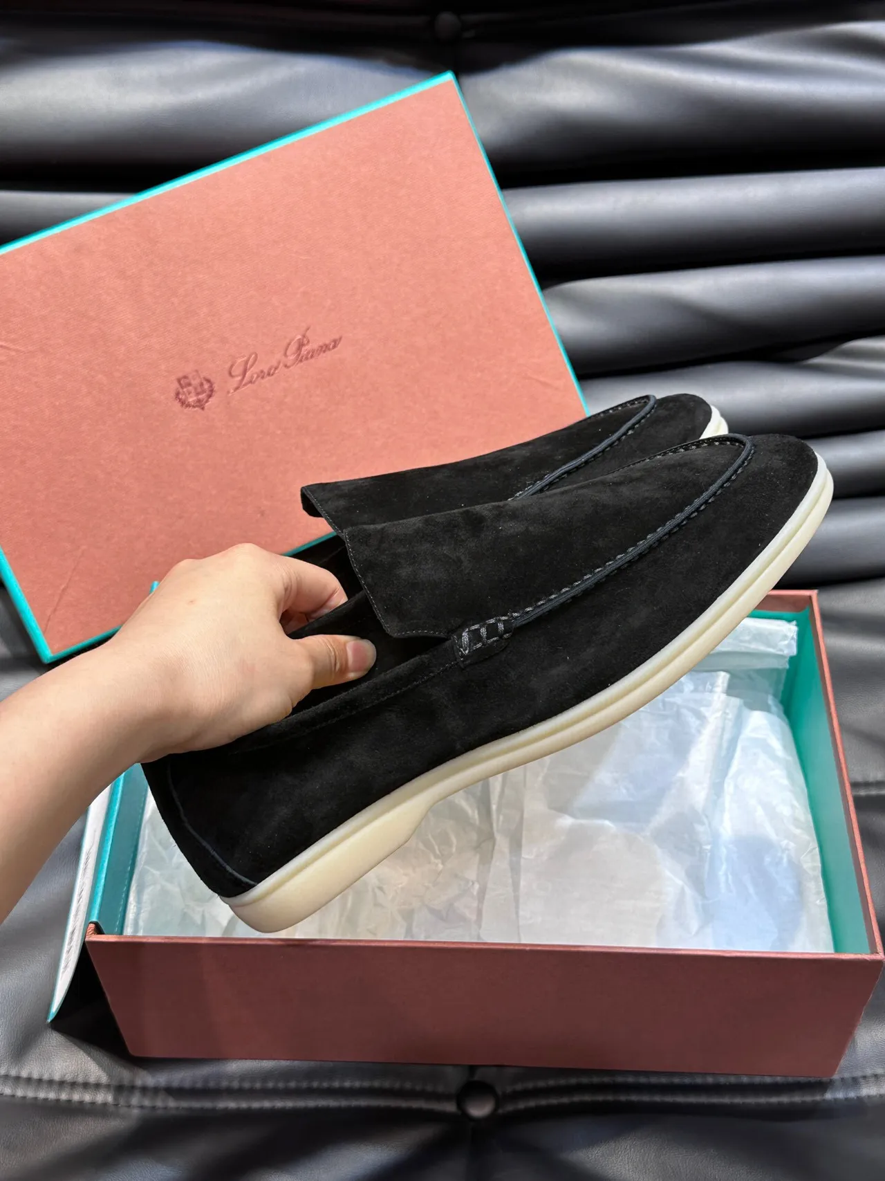 Black Beige Suede Moc-Toe Stitching Loafer 5