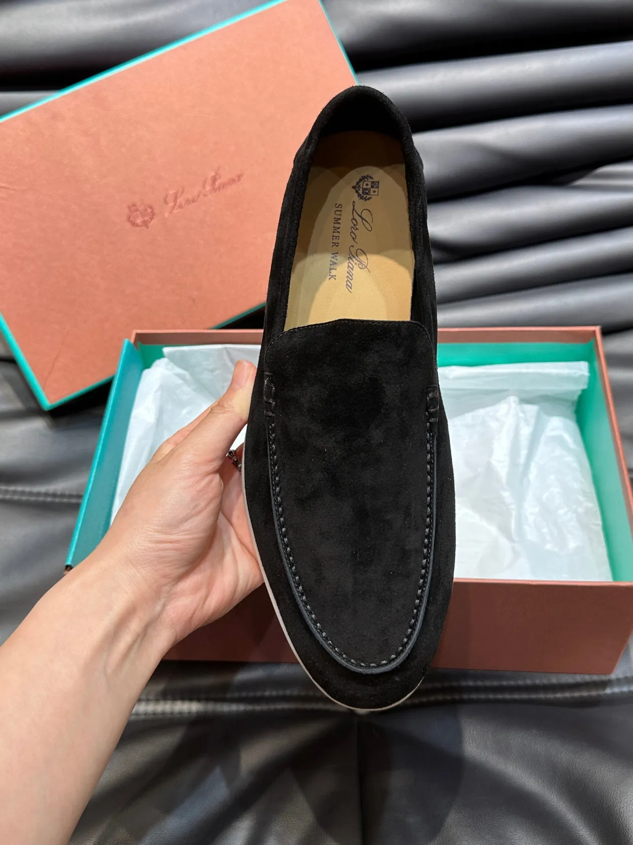 Black Beige Suede Moc-Toe Stitching Loafer 6