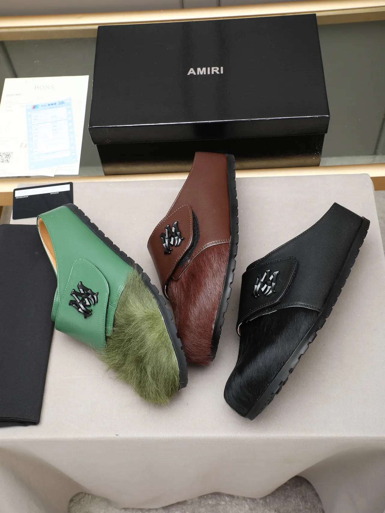 Black Brown Fur-Trimmed Leather Strap Casual Shoes 2