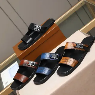 Black Brown Two-Strap Buckle Closure Embossed Script Detail Casual Sandals