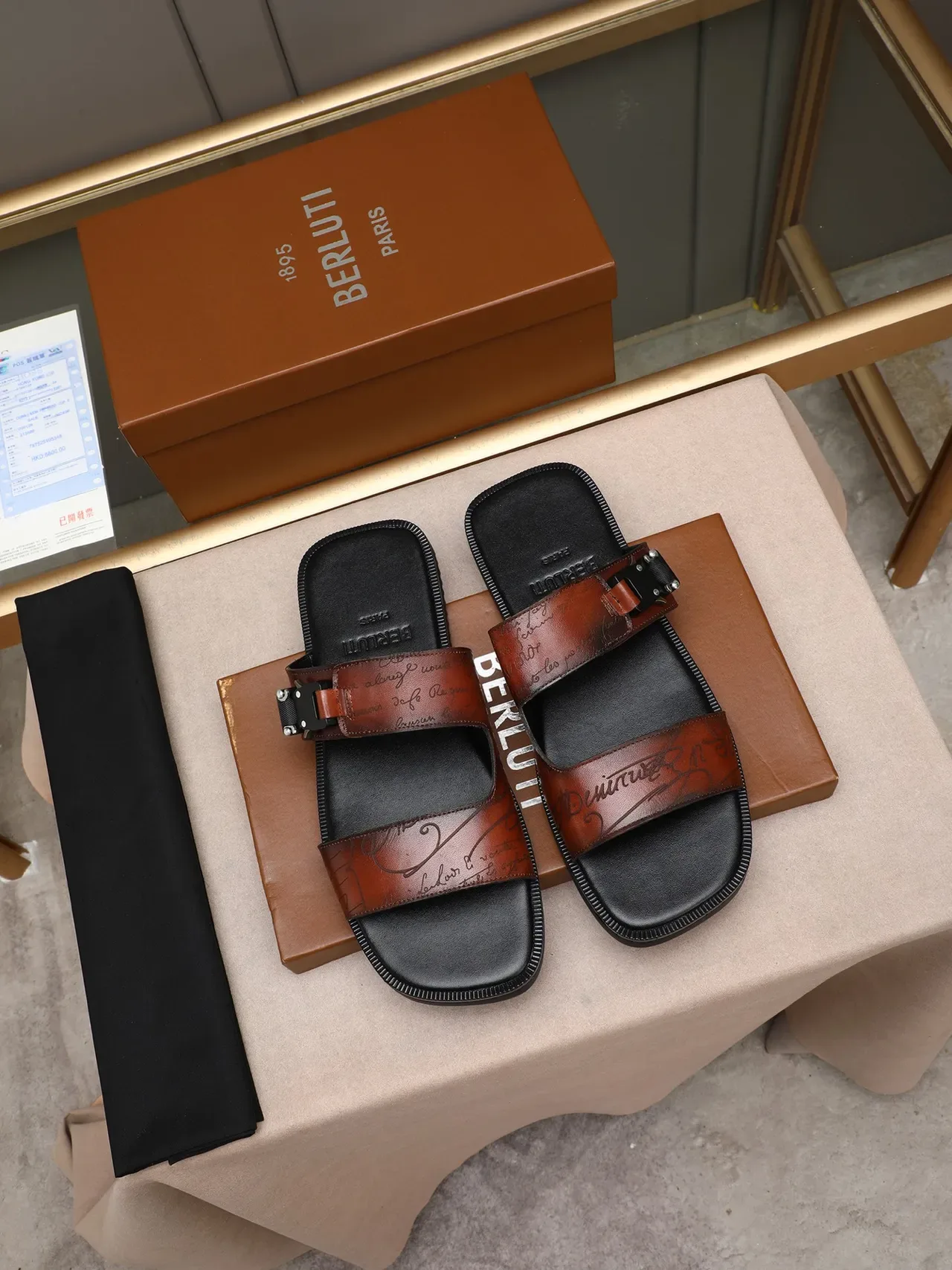 Black Brown Two-Strap Buckle Closure Embossed Script Detail Casual Sandals 3