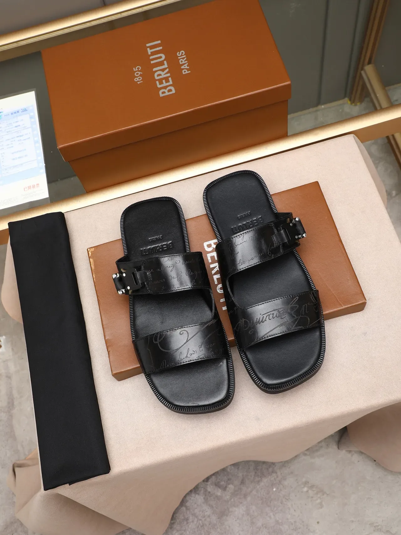 Black Brown Two-Strap Buckle Closure Embossed Script Detail Casual Sandals 4