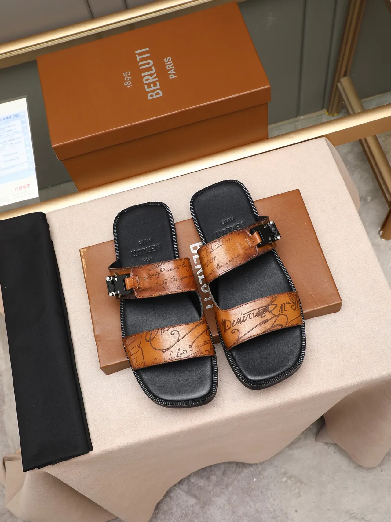 Black Brown Two-Strap Buckle Closure Embossed Script Detail Casual Sandals 6