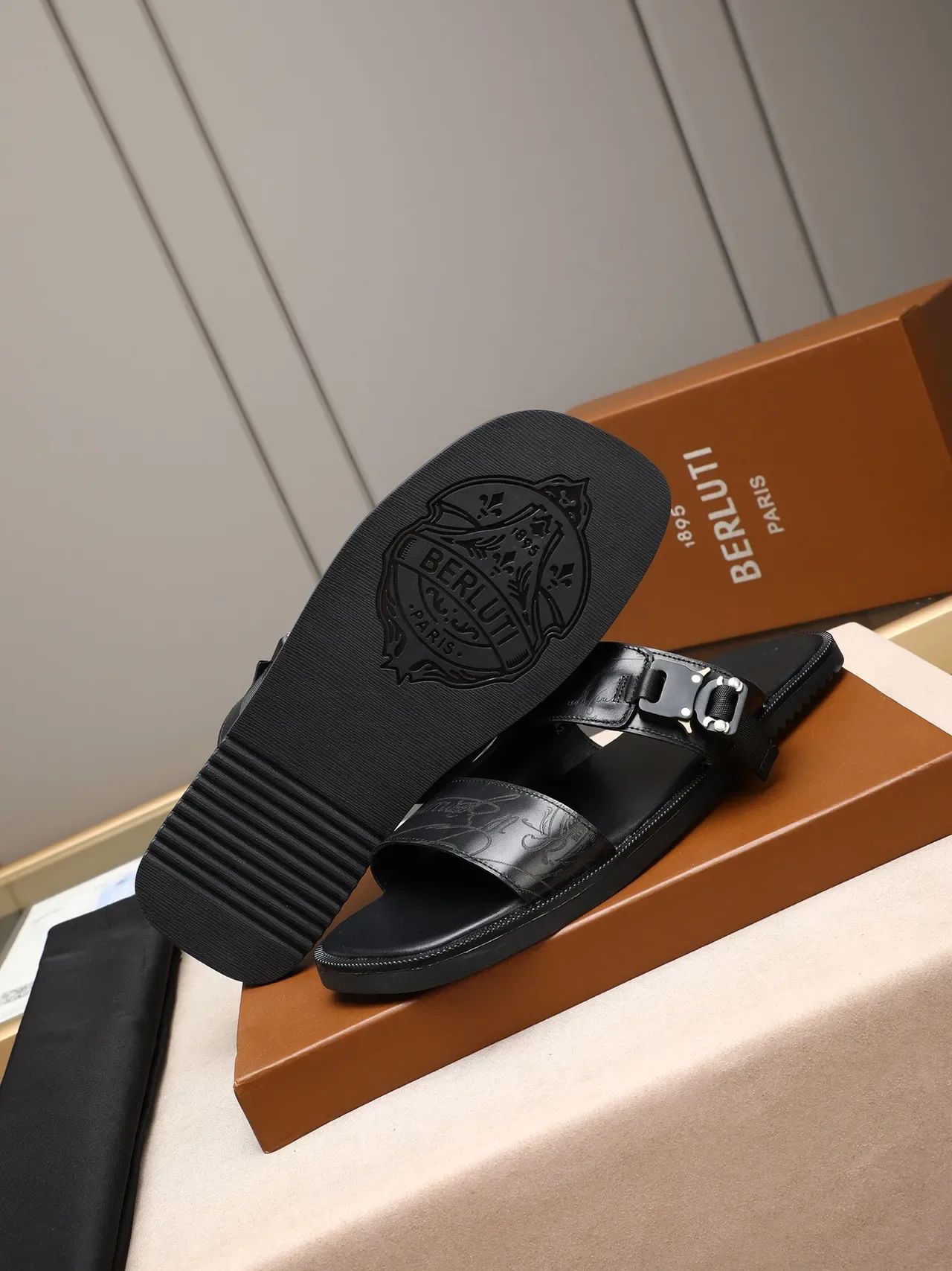 Black Brown Two-Strap Buckle Closure Embossed Script Detail Casual Sandals 8