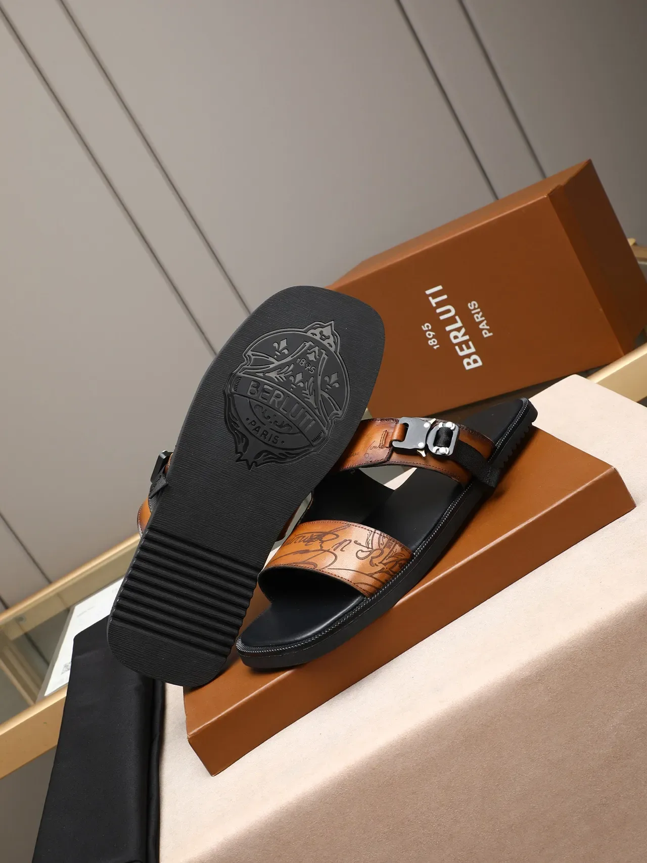 Black Brown Two-Strap Buckle Closure Embossed Script Detail Casual Sandals 10