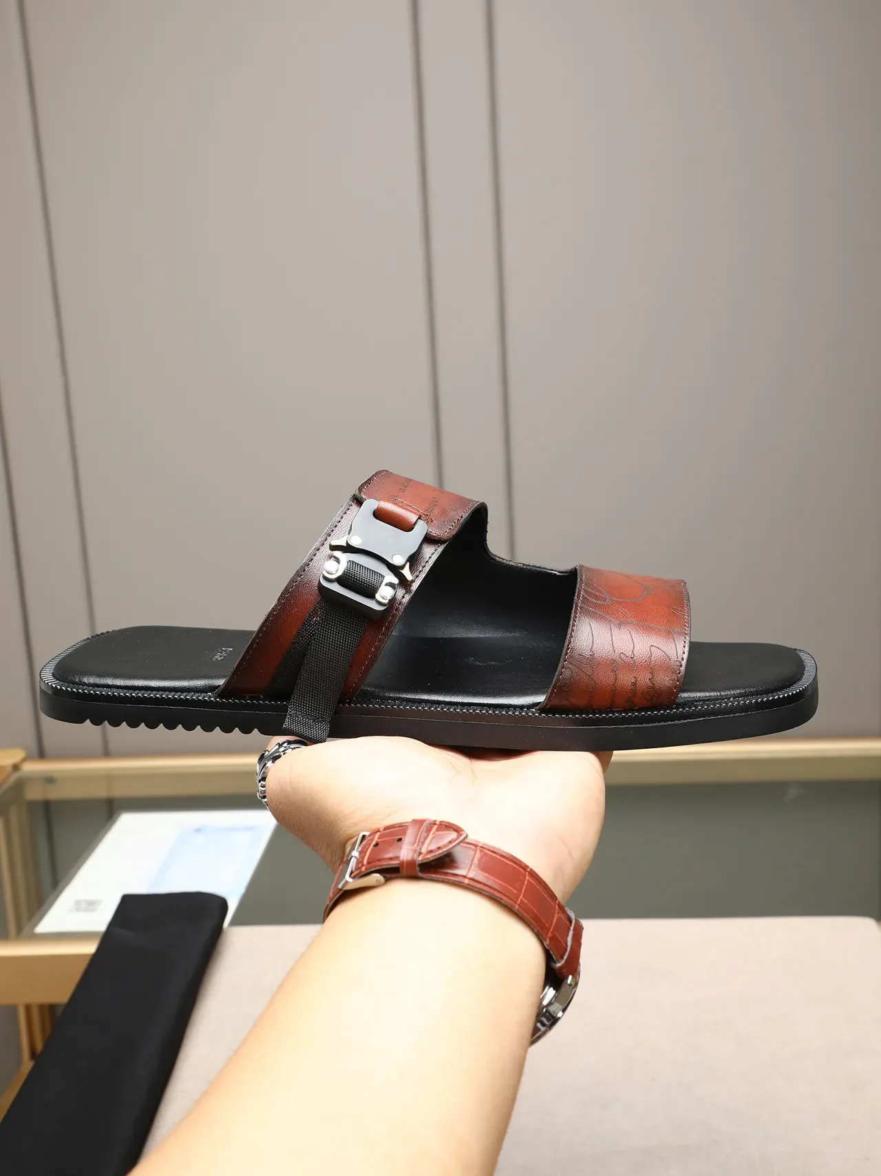 Black Brown Two-Strap Buckle Closure Embossed Script Detail Casual Sandals 11