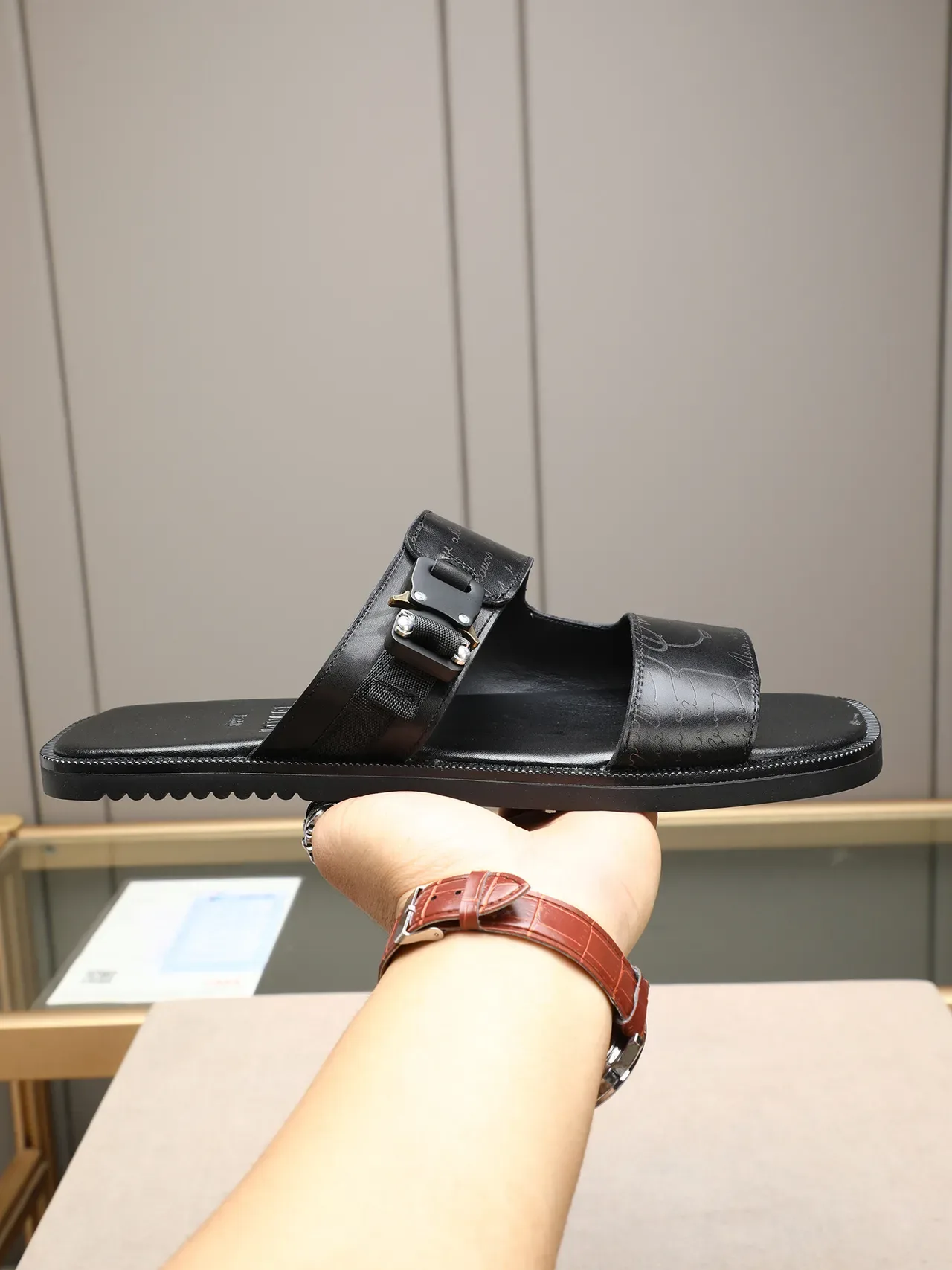 Black Brown Two-Strap Buckle Closure Embossed Script Detail Casual Sandals 12