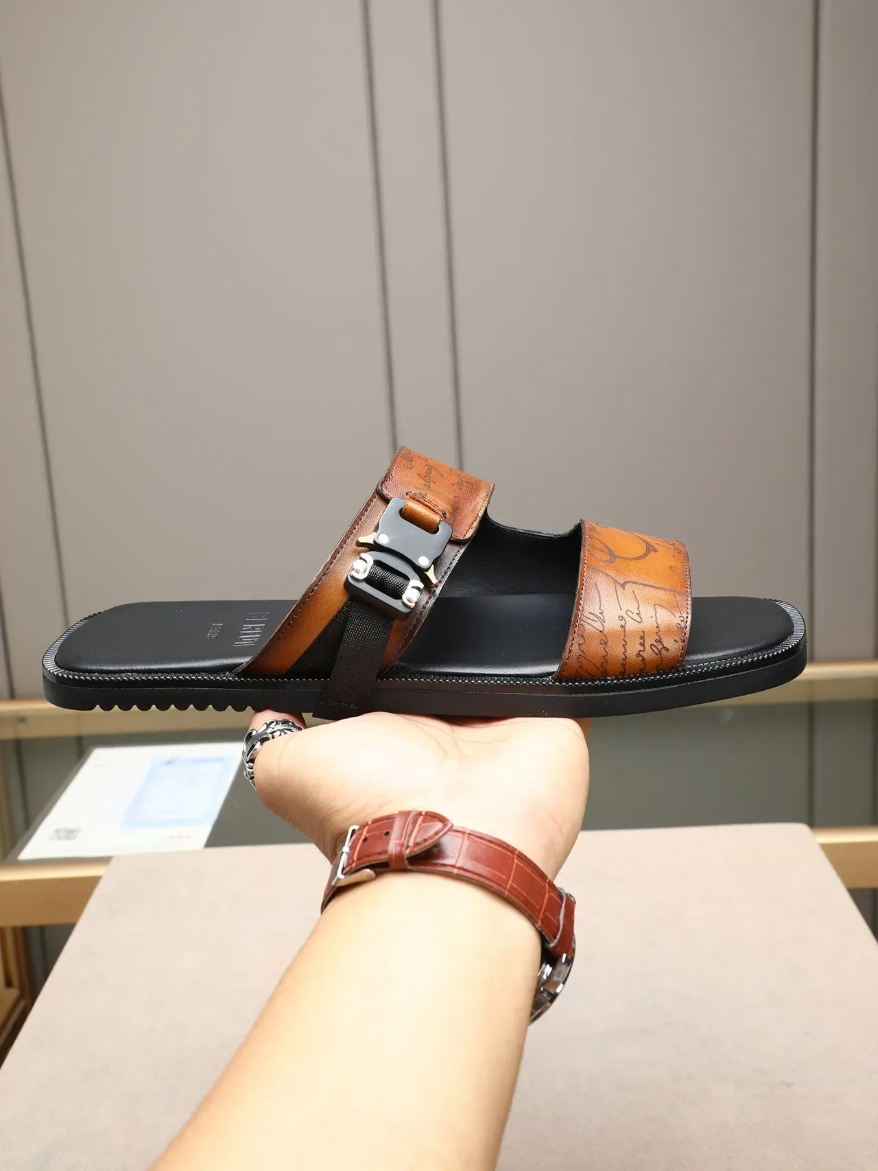 Black Brown Two-Strap Buckle Closure Embossed Script Detail Casual Sandals 14