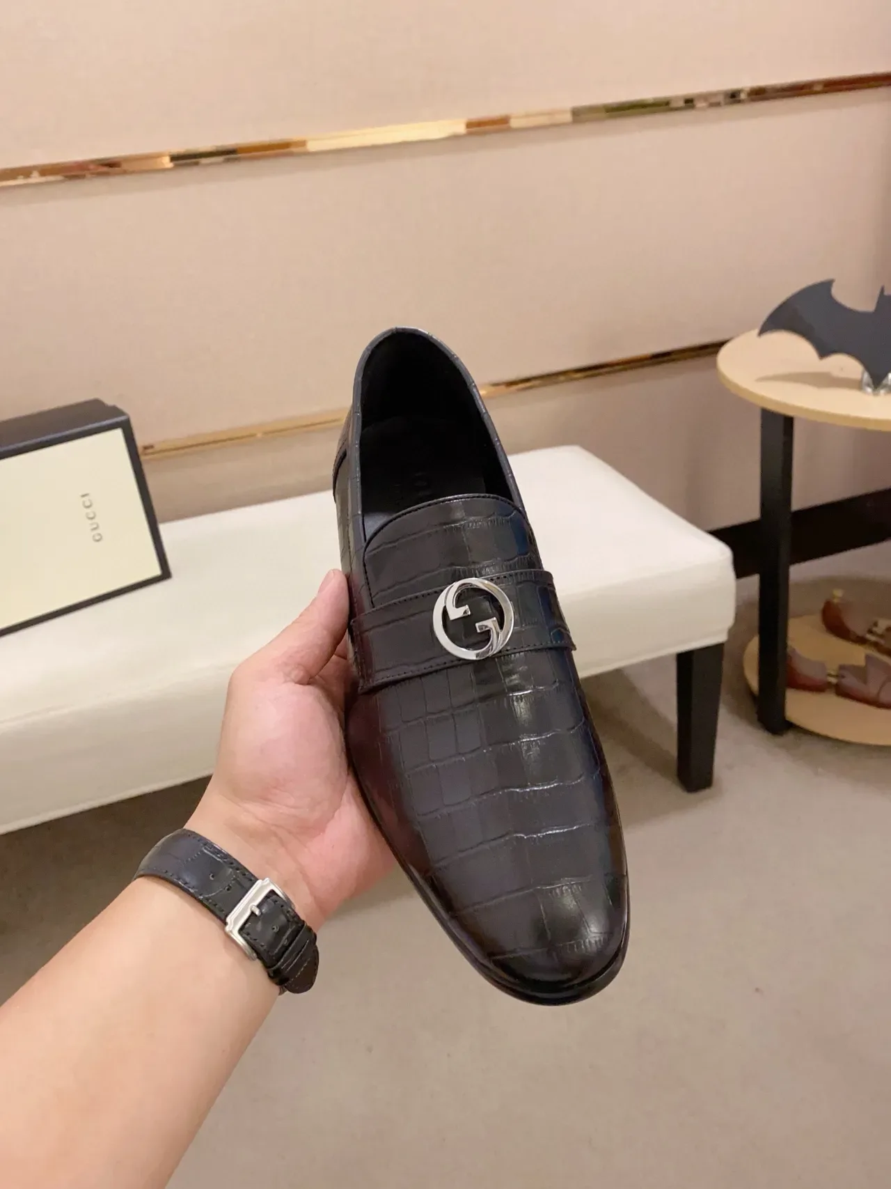Black Croc-Embossed Leather Horsebit Loafer 6