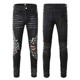 Black Distressed Floral Embroidered Slim-Fit Jeans