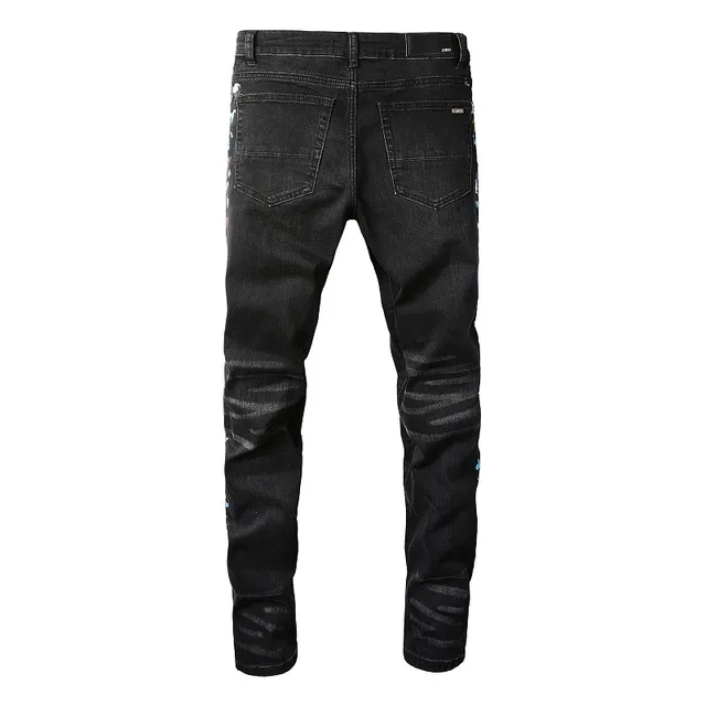 Black Distressed Floral Embroidered Slim-Fit Jeans 7