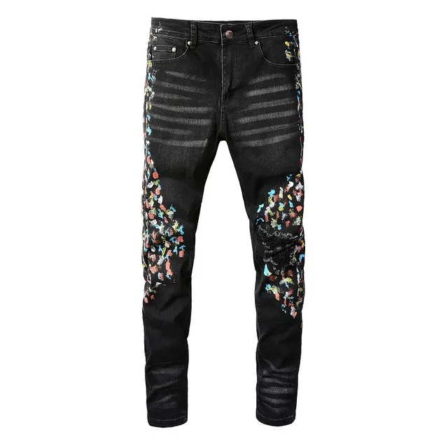 Black Distressed Floral Embroidered Slim-Fit Jeans 8