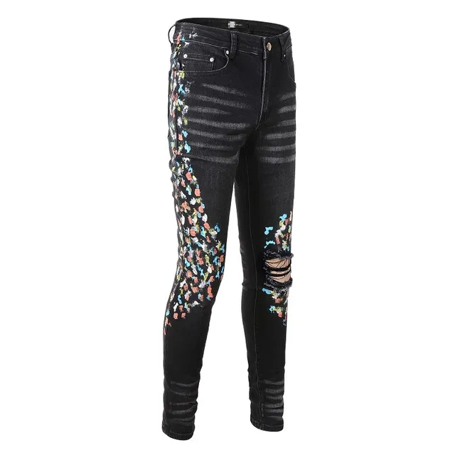 Black Distressed Floral Embroidered Slim-Fit Jeans 10
