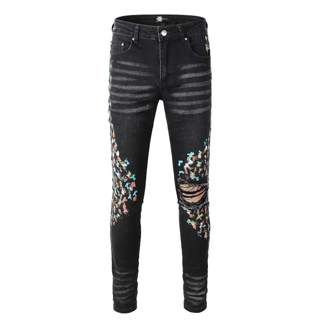 Black Distressed Floral Embroidered Slim-Fit Jeans 11