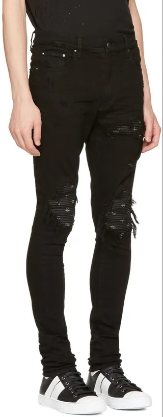 Black Distressed Patched Slim-Fit Jeans 10