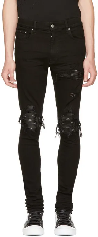 Black Distressed Patched Slim-Fit Jeans 12