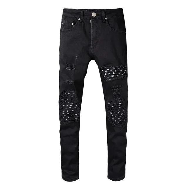 Black Distressed Patched Slim-Fit Jeans 14