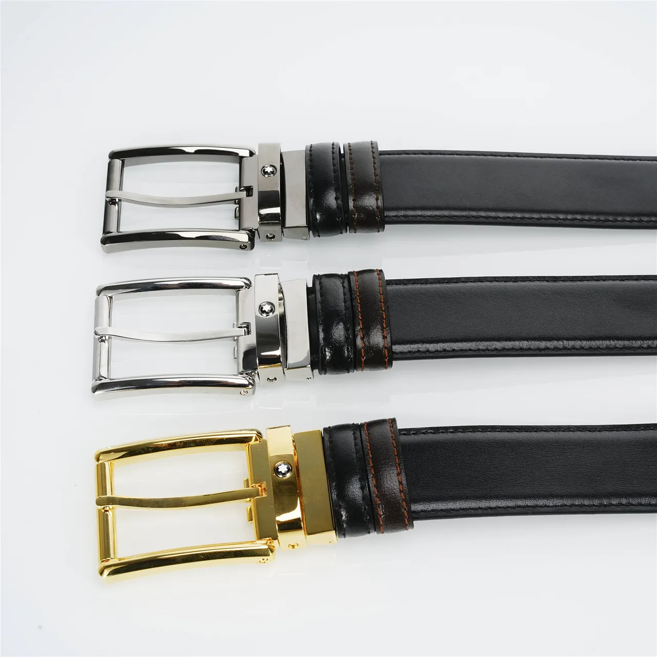 Black Gold Smooth Rectangular Buckle Leather Belt 2
