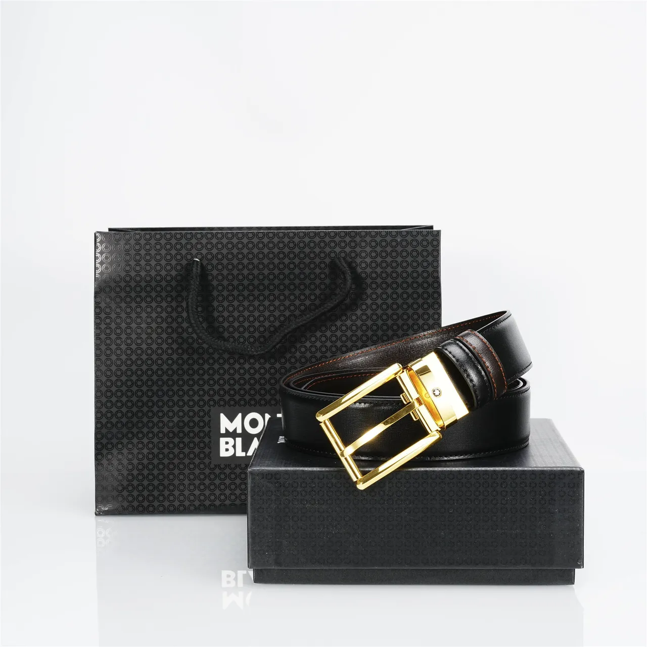 Black Gold Smooth Rectangular Buckle Leather Belt 3