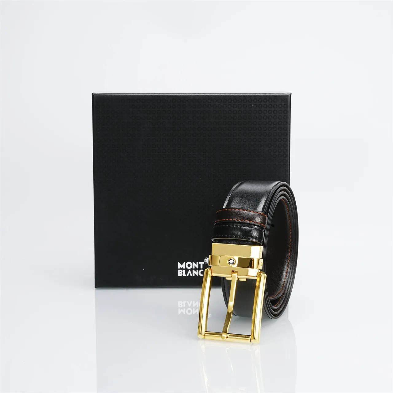 Black Gold Smooth Rectangular Buckle Leather Belt 4