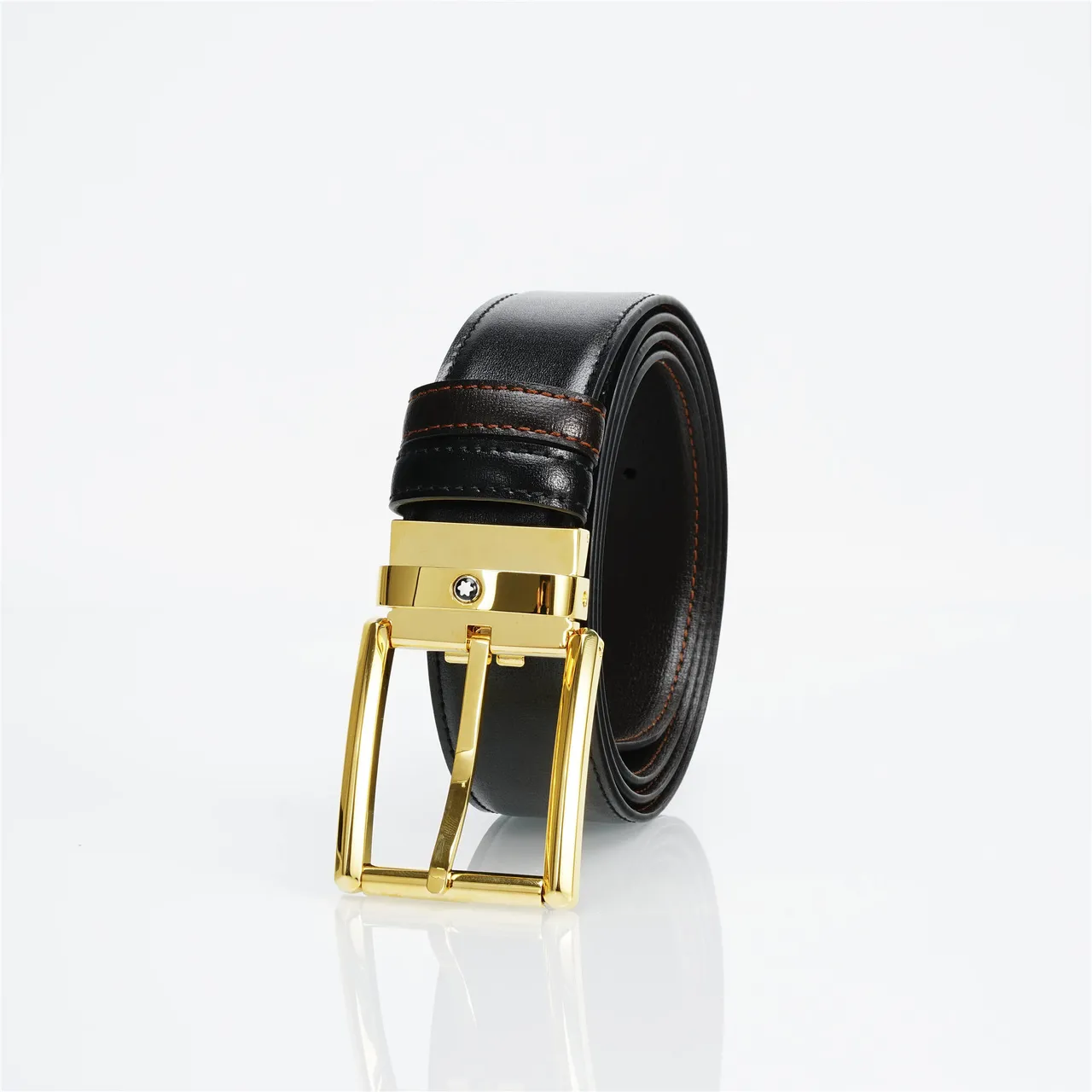 Black Gold Smooth Rectangular Buckle Leather Belt 5