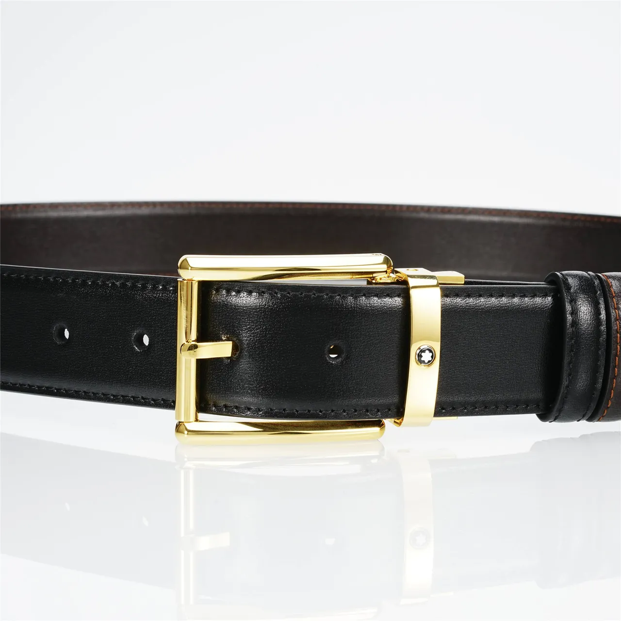 Black Gold Smooth Rectangular Buckle Leather Belt 6