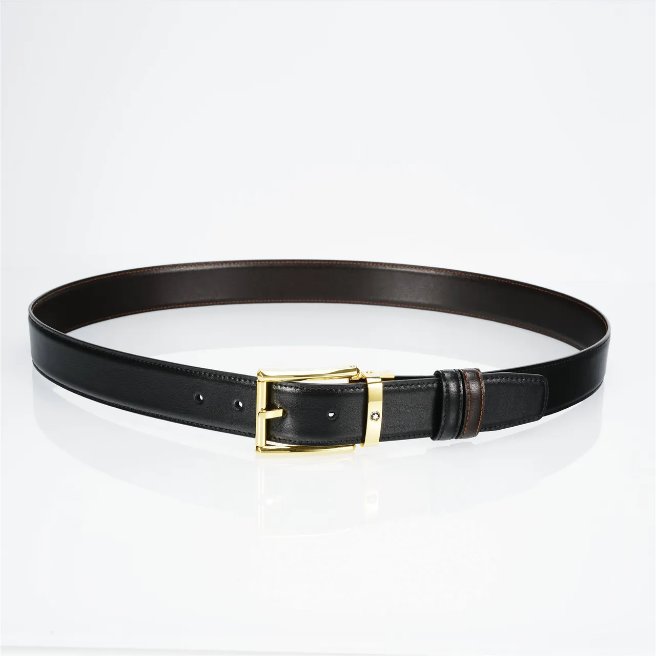 Black Gold Smooth Rectangular Buckle Leather Belt 7