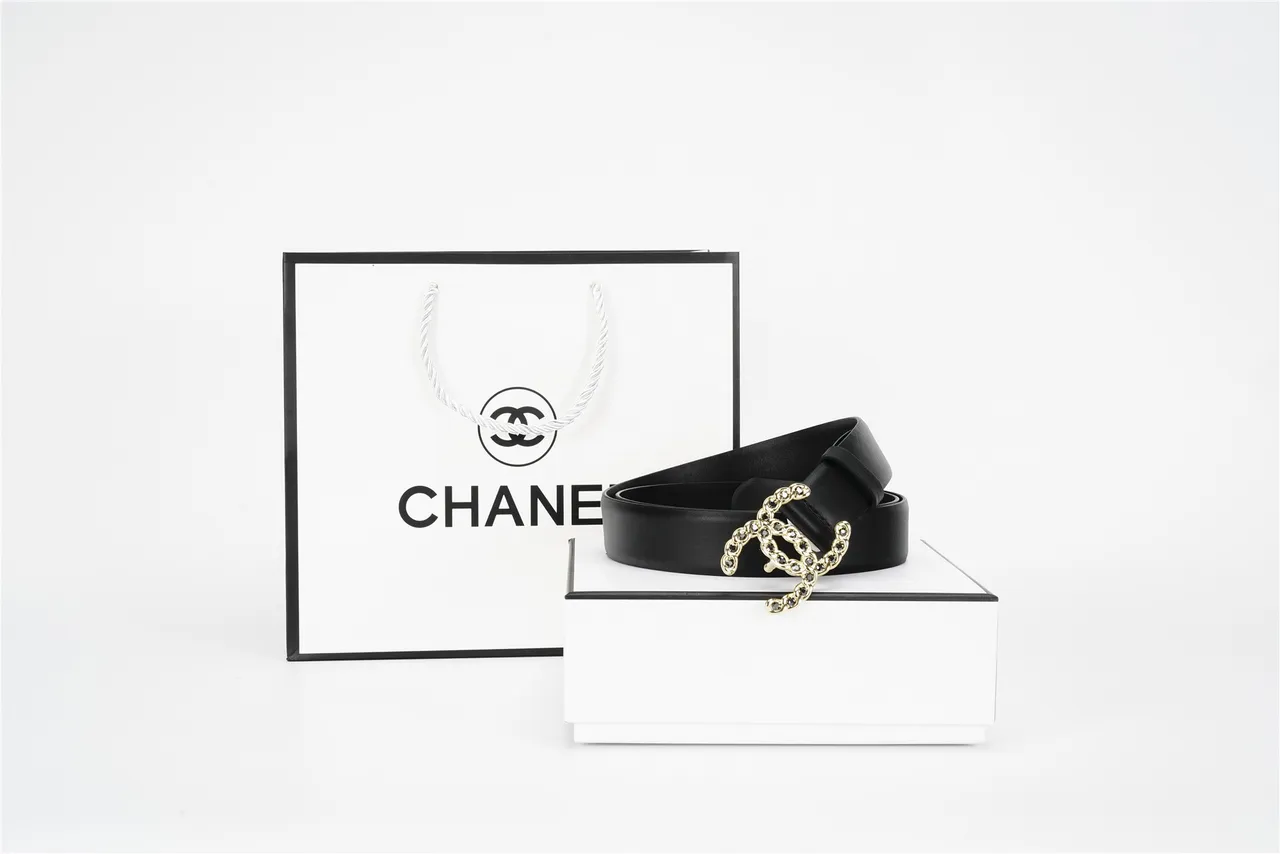 Black Gold Strap Chain-Link Buckle Leather Belt 5