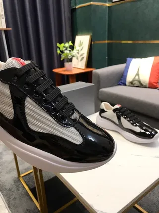 Black Gray Platform Sole Patent Leather And Mesh Paneling Chunky Sneakers 3