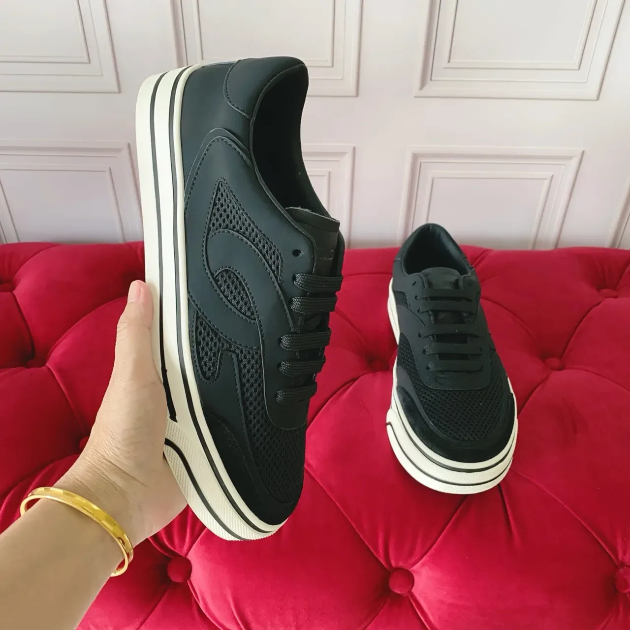 Black Mesh and Synthetic Overlay Low-Top Sneakers 4