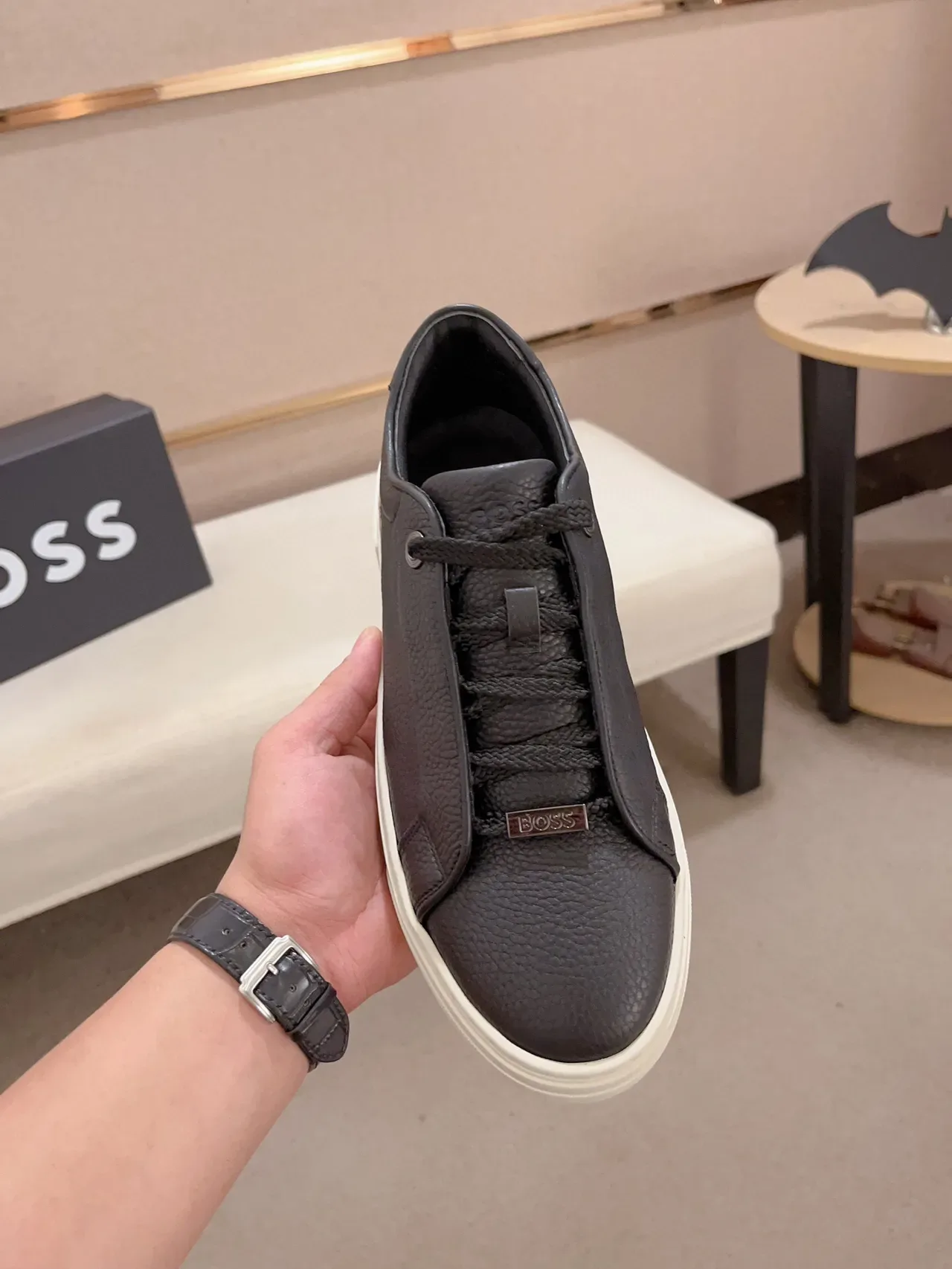 Black Pebbled Leather Low-Top Platform Sneaker 2