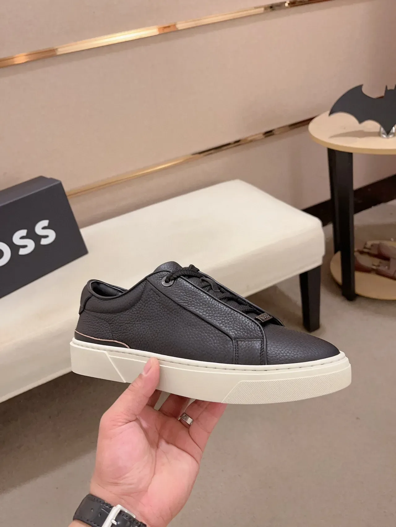 Black Pebbled Leather Low-Top Platform Sneaker 4