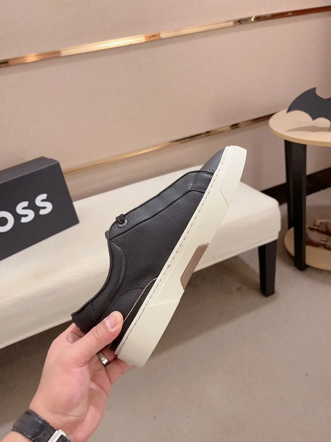 Black Pebbled Leather Low-Top Platform Sneaker 5