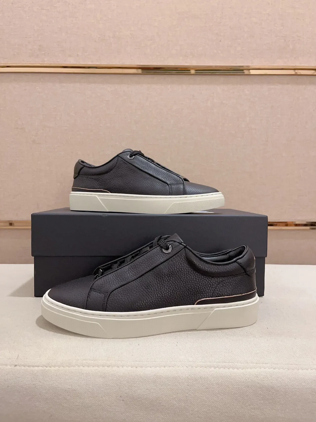 Black Pebbled Leather Low-Top Platform Sneaker 7