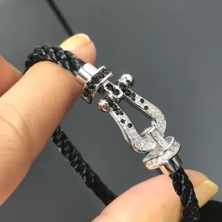 Pulseira de cordão trançado preto prateado Pavé-Set e pedras transparentes