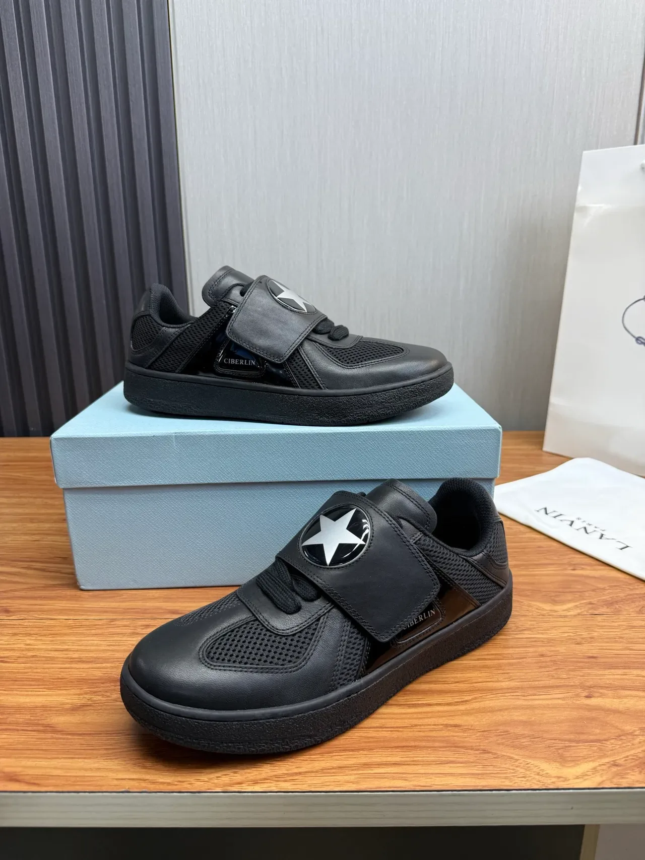 Black Silver Laceless Strap Closure Perforated Mesh Panel Sneakers 4