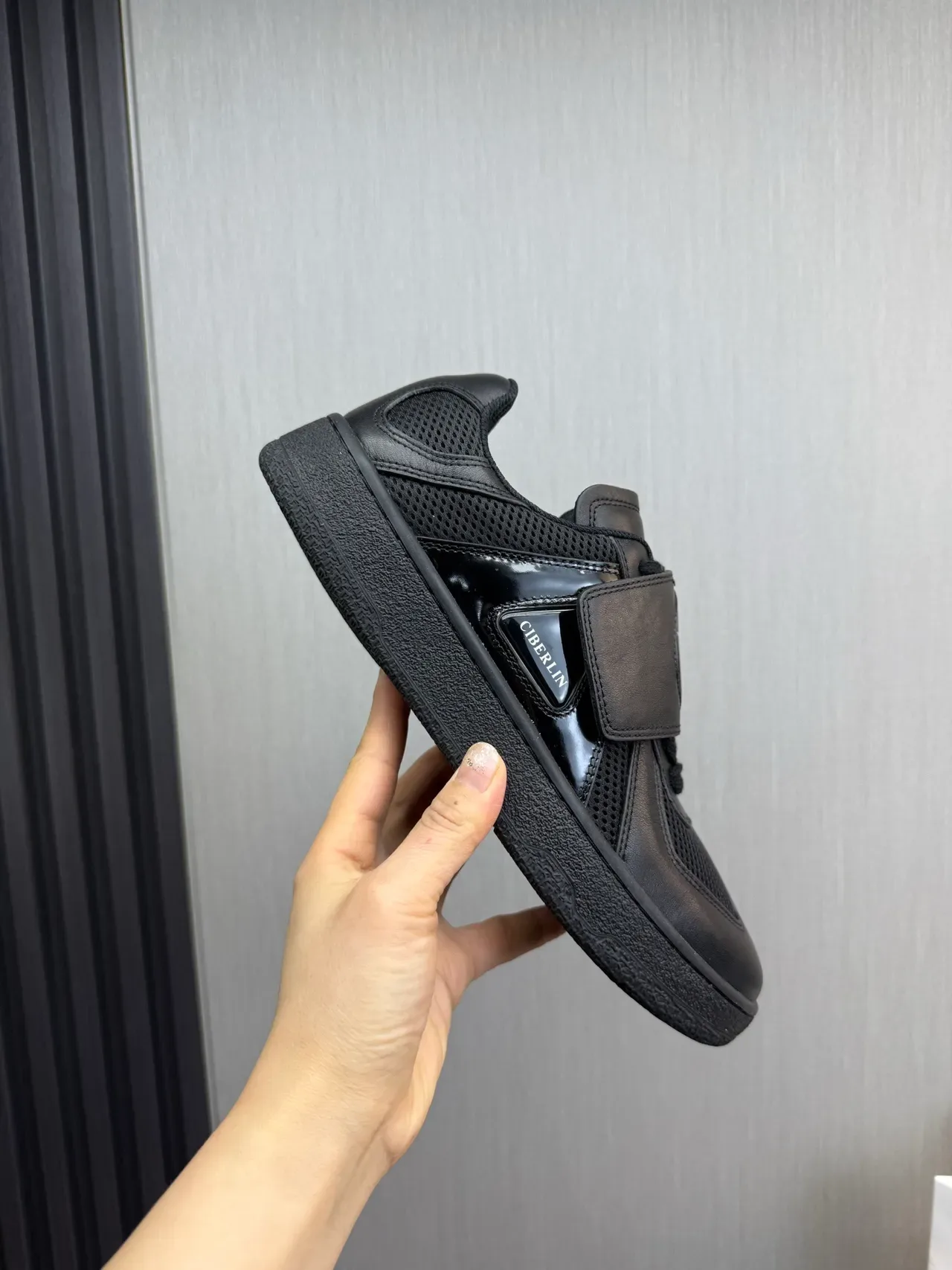 Black Silver Laceless Strap Closure Perforated Mesh Panel Sneakers 7