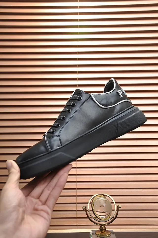Black White Leather-Like Upper Contrast Piping Sneakers 6