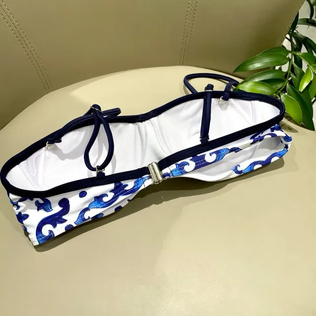 Blue and White Ornamental Print Structured Bustier Two-Piece Swimwear 3