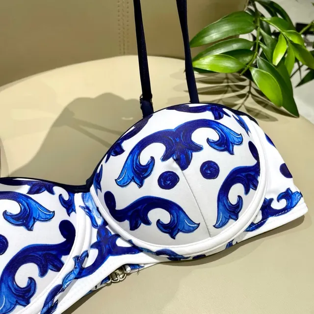 Blue and White Ornamental Print Structured Bustier Two-Piece Swimwear 4