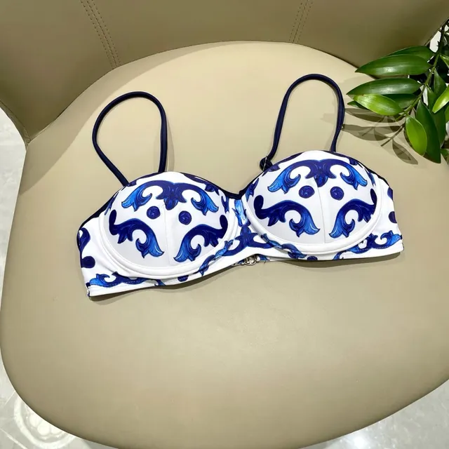Blue and White Ornamental Print Structured Bustier Two-Piece Swimwear 5