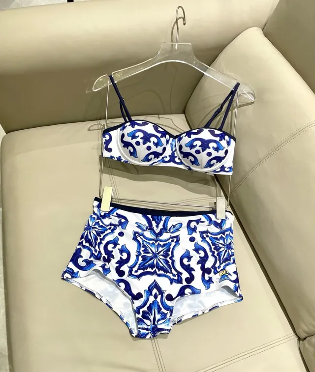 Blue and White Ornamental Print Structured Bustier Two-Piece Swimwear 6