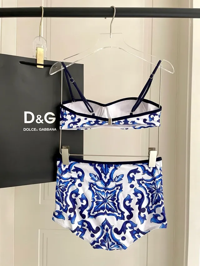Blue and White Ornamental Print Structured Bustier Two-Piece Swimwear 7